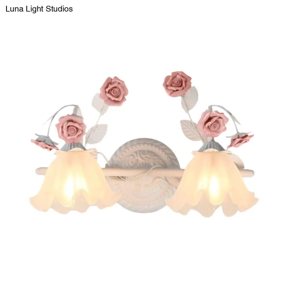 Ruffle Bathroom Wall Mount Light - American Flower Frosted Glass 2/3-Head Vanity Sconce Pink/Blue