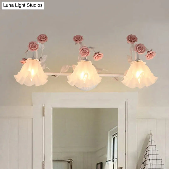 Ruffle Bathroom Wall Mount Light - American Flower Frosted Glass 2/3-Head Vanity Sconce Pink/Blue