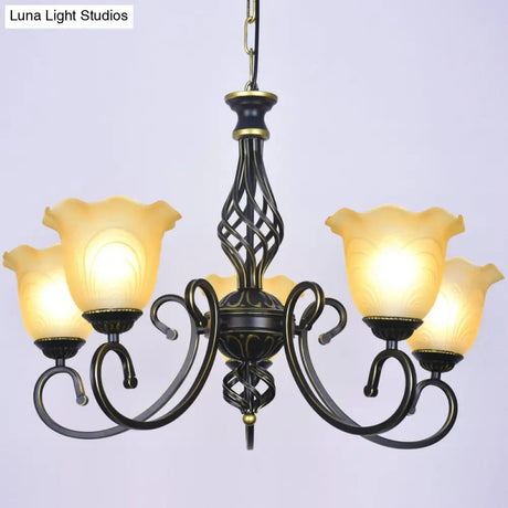 Ruffle Glass Floral Shade Chandelier For Classic Living Room Décor - Pendant Light With Scroll Arm