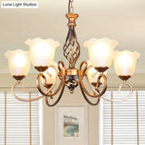 Ruffle Glass Floral Shade Chandelier For Classic Living Room Décor - Pendant Light With Scroll Arm