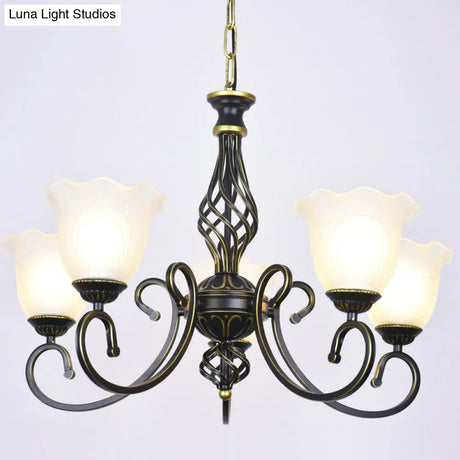 Ruffle Glass Floral Shade Chandelier For Classic Living Room Décor - Pendant Light With Scroll Arm