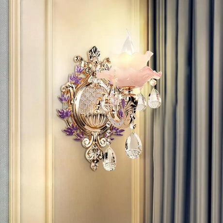 Ruffle Purple Glass Sconce Lamp - Countryside 1/2-Light Wall Mount Lighting With K9 Crystal Drop 1 /