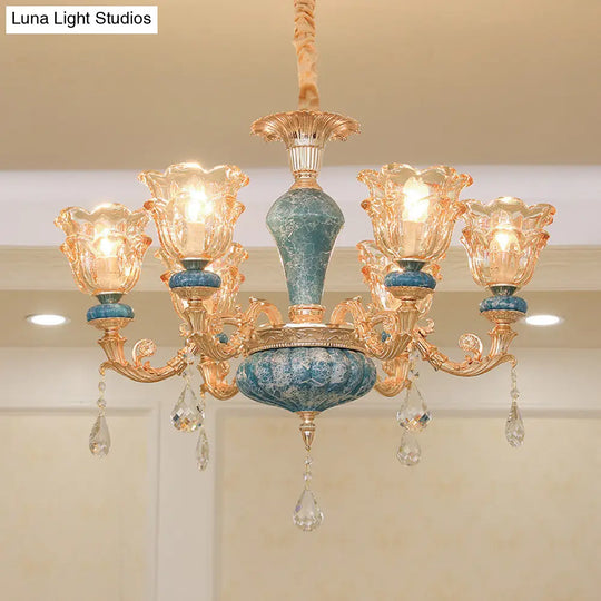 Ruffled Edge Gold Pendant Light With Crystal Draping - Retro Handblown Glass Chandelier For Living
