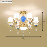 Rural Bell Semi Flush Mount Chandelier - Opal Glass 3/6/8 Head Ceiling Lamp With Crystal Drops