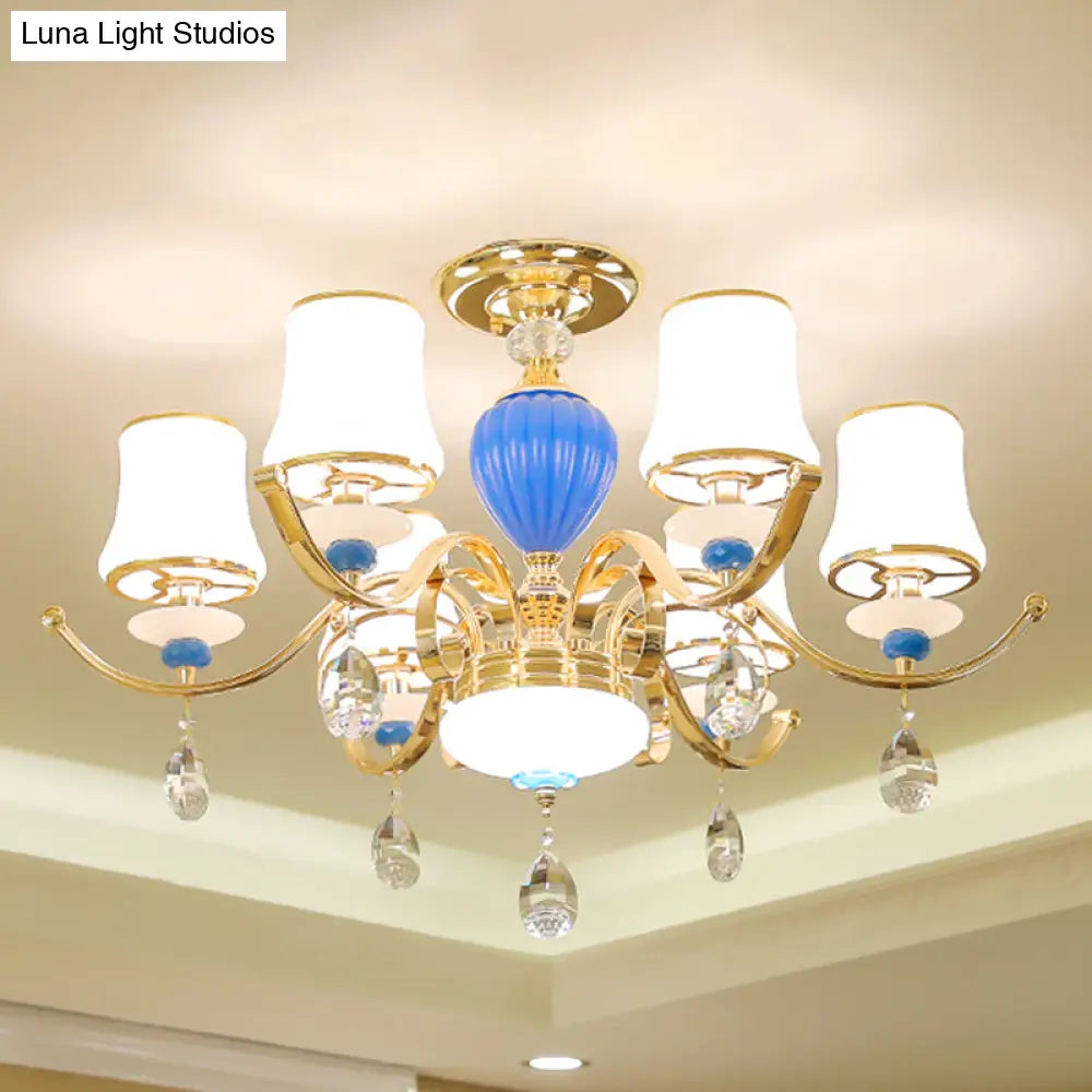 Rural Bell Semi Flush Mount Chandelier - Opal Glass 3/6/8 Head Ceiling Lamp With Crystal Drops