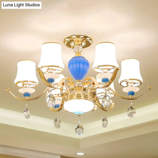 Rural Bell Semi Flush Mount Chandelier - Opal Glass 3/6/8 Head Ceiling Lamp With Crystal Drops