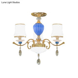 Rural Bell Semi Flush Mount Chandelier - Opal Glass 3/6/8 Head Ceiling Lamp With Crystal Drops