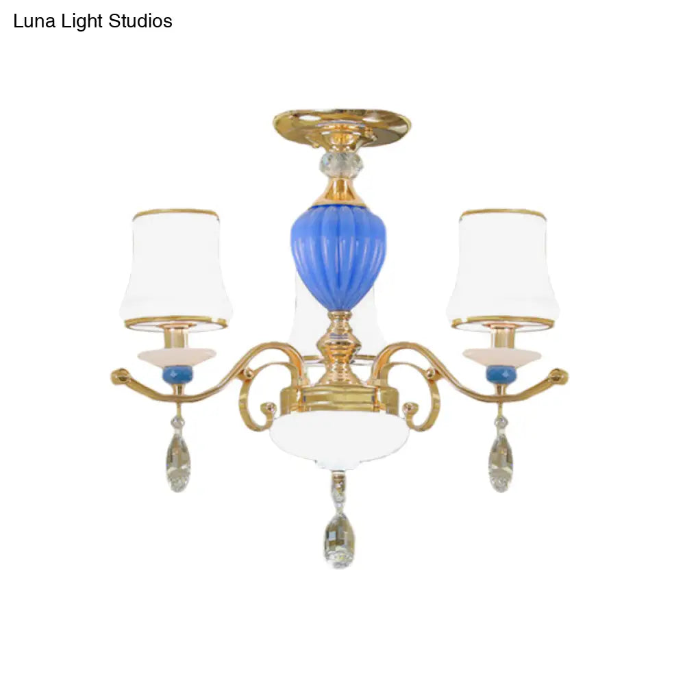 Rural Bell Semi Flush Mount Chandelier - Opal Glass 3/6/8 Head Ceiling Lamp With Crystal Drops