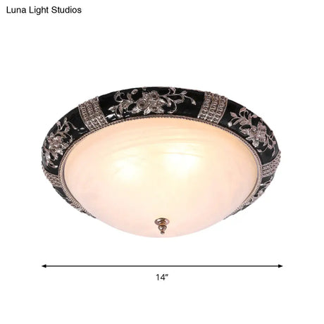 Rural Black Domed Flush Mount Lamp With Frosted Glass Ceiling And Leave/Flower Deco 3 - Light
