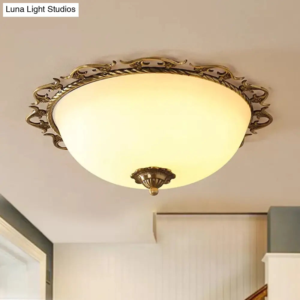 Rural Brass Flush Mount Ceiling Lamp With Frosted White Glass - 3/5 Bulbs Half-Globe Design 3 /