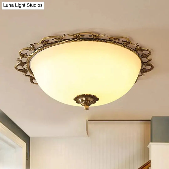 Rural Brass Flush Mount Ceiling Lamp With Frosted White Glass - 3/5 Bulbs Half-Globe Design 3 /