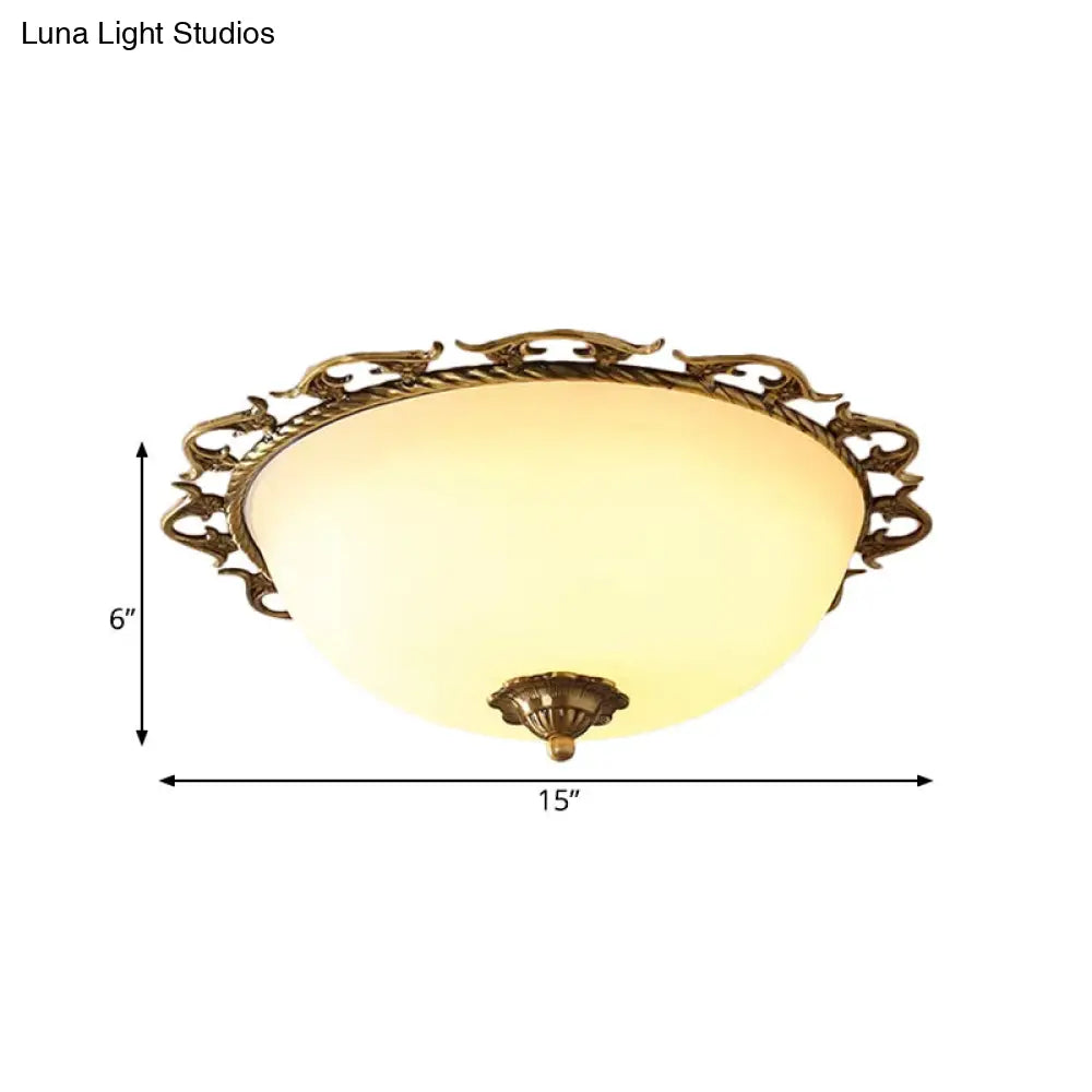 Rural Brass Flush Mount Ceiling Lamp With Frosted White Glass - 3/5 Bulbs Half-Globe Design