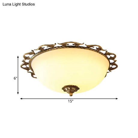 Rural Brass Flush Mount Ceiling Lamp With Frosted White Glass - 3/5 Bulbs Half - Globe Design