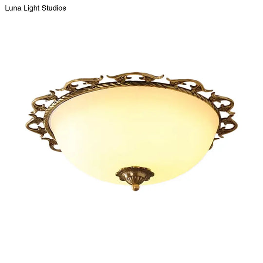 Rural Brass Flush Mount Ceiling Lamp With Frosted White Glass - 3/5 Bulbs Half-Globe Design