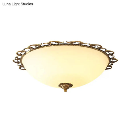 Rural Brass Flush Mount Ceiling Lamp With Frosted White Glass - 3/5 Bulbs Half - Globe Design
