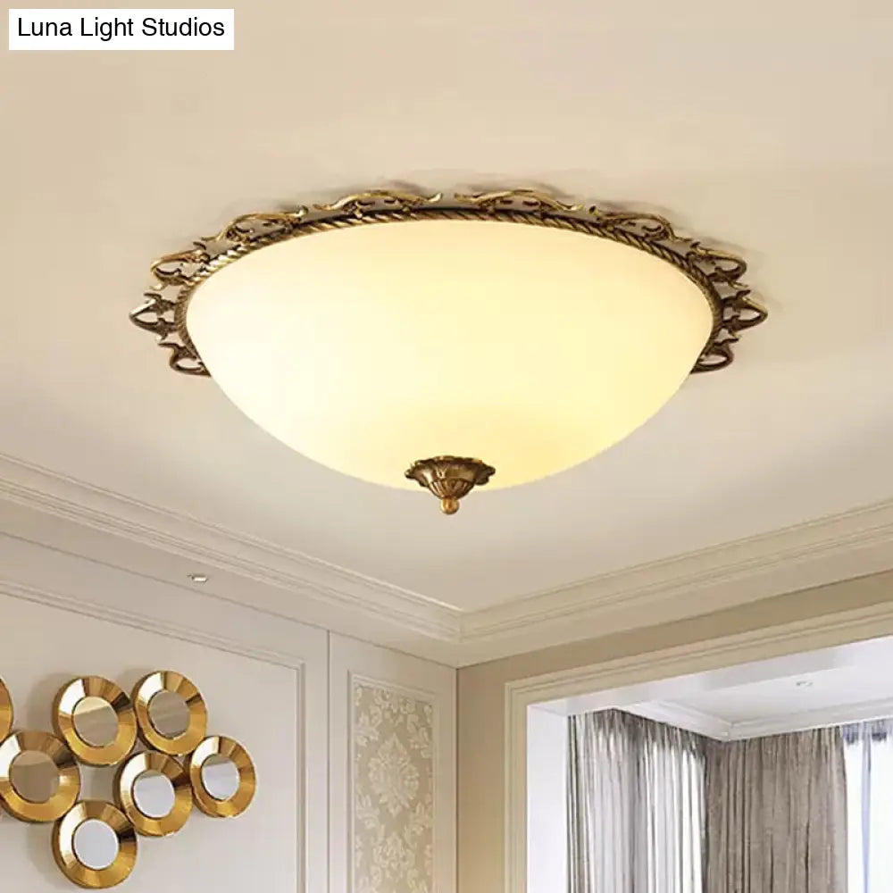 Rural Brass Flush Mount Ceiling Lamp With Frosted White Glass - 3/5 Bulbs Half-Globe Design 5 /