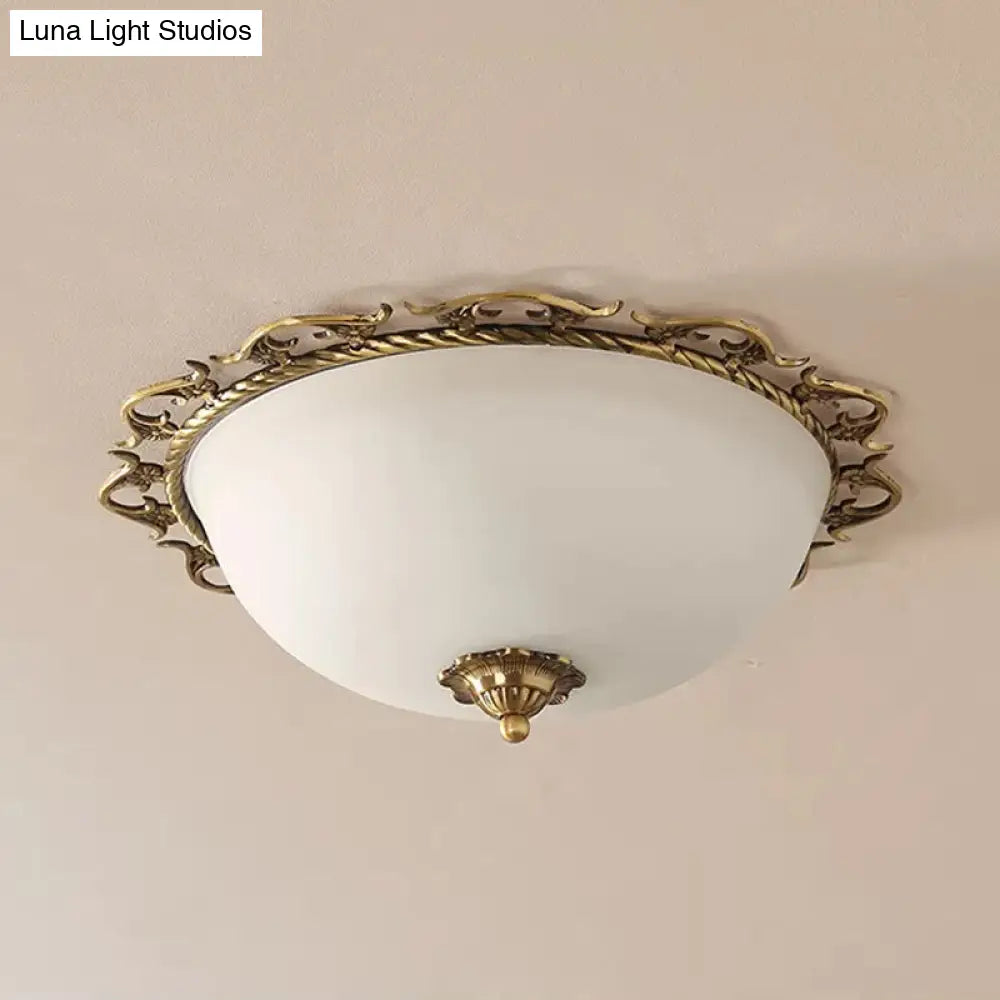 Rural Brass Flush Mount Ceiling Lamp With Frosted White Glass - 3/5 Bulbs Half-Globe Design