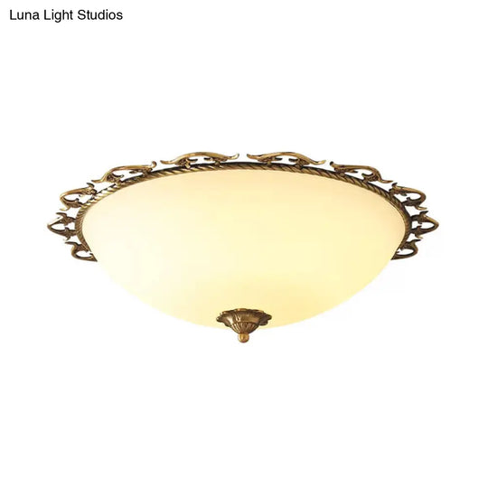Rural Brass Flush Mount Ceiling Lamp With Frosted White Glass - 3/5 Bulbs Half-Globe Design