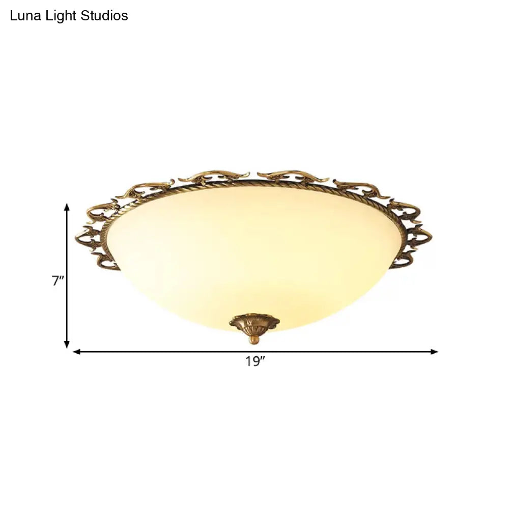 Rural Brass Flush Mount Ceiling Lamp With Frosted White Glass - 3/5 Bulbs Half-Globe Design