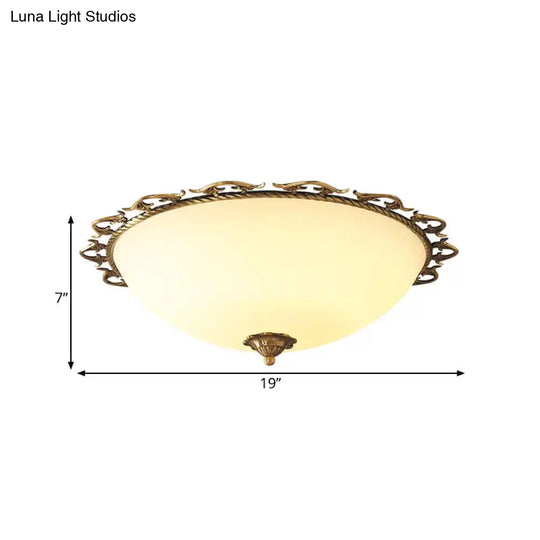 Rural Brass Flush Mount Ceiling Lamp With Frosted White Glass - 3/5 Bulbs Half-Globe Design