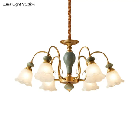 Rural Frosted Glass Green Flower Pendant Light With 3/5/6 Bulbs - Chandelier For Guest Rooms