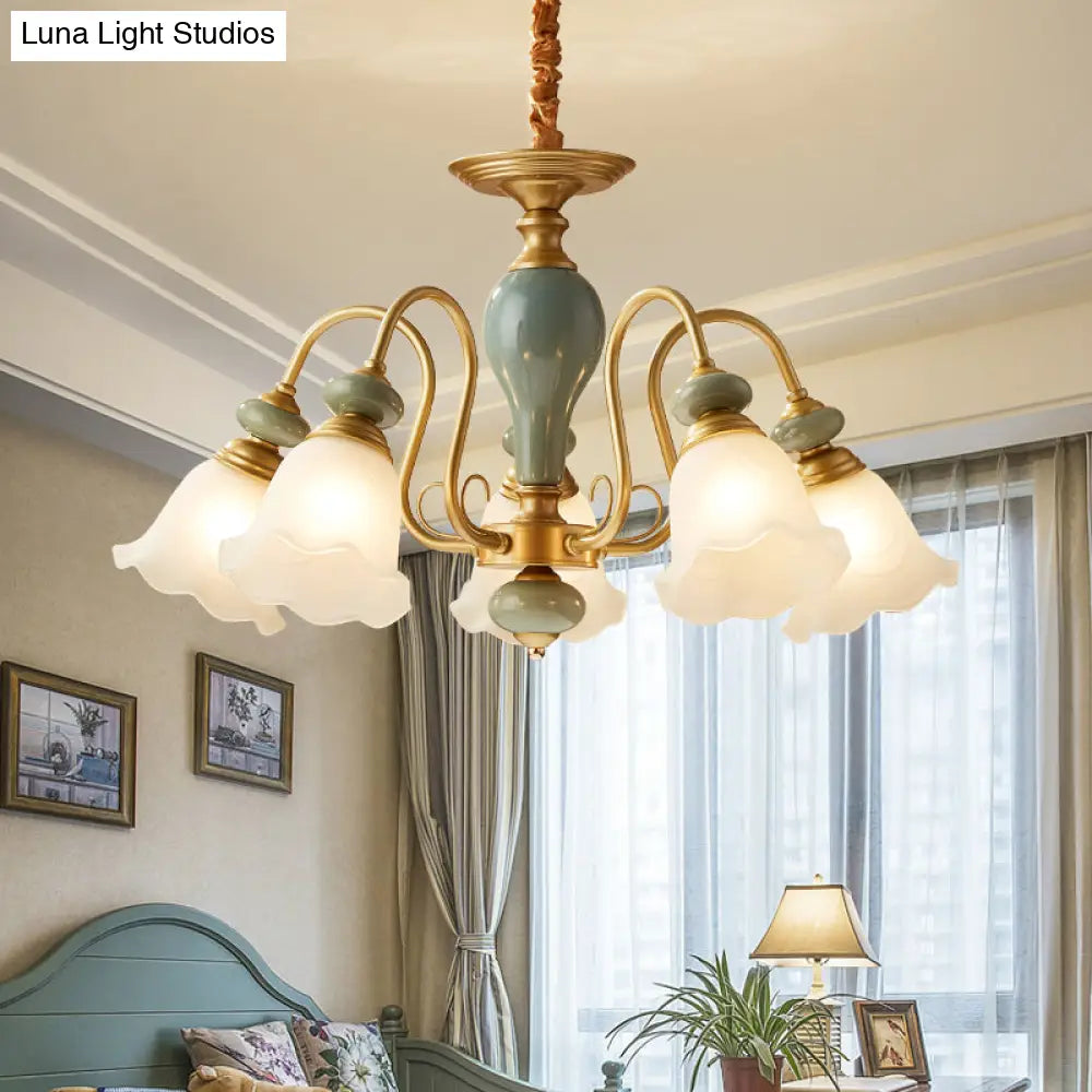 Rural Frosted Glass Green Flower Pendant Light With 3/5/6 Bulbs - Chandelier For Guest Rooms