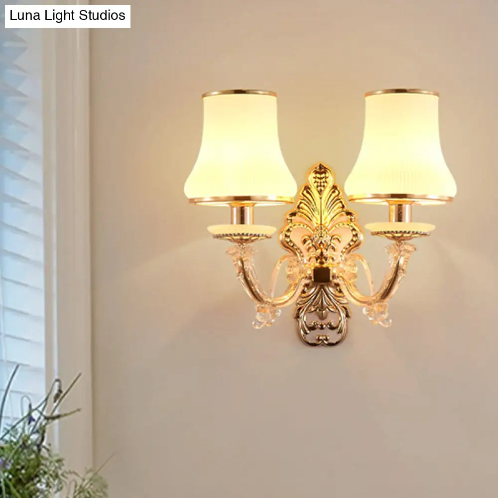 Rural Gold Glass Wall Sconce Light With Crystal Ball Droplet - 2 Heads Tapered Design