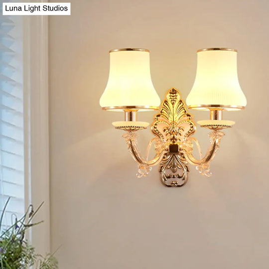 Rural Gold Glass Wall Sconce Light With Crystal Ball Droplet - 2 Heads Tapered Design