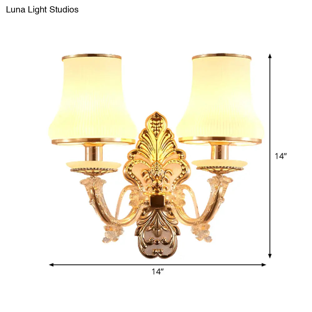 Rural Gold Glass Wall Sconce Light With Crystal Ball Droplet - 2 Heads Tapered Design