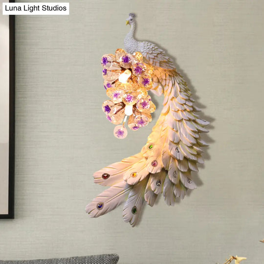 Rural Resin Peacock Wall Mounted Lamp: 2-Light White/Green/Gold Lighting With Floral Crystal Ball