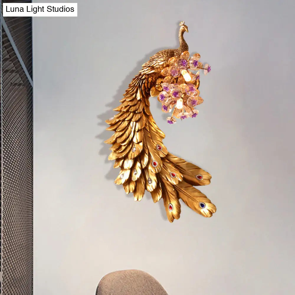 Rural Resin Peacock Wall Mounted Lamp: 2-Light White/Green/Gold Lighting With Floral Crystal Ball