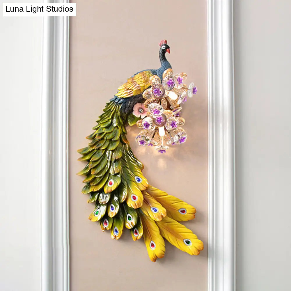 Rural Resin Peacock Wall Mounted Lamp: 2-Light White/Green/Gold Lighting With Floral Crystal Ball