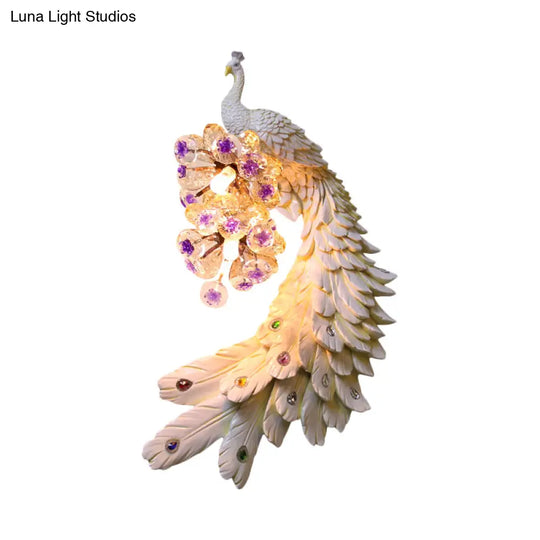 Rural Resin Peacock Wall Mounted Lamp: 2-Light White/Green/Gold Lighting With Floral Crystal Ball