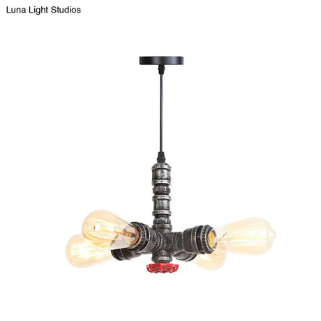 Rust Finish Water Pipe Chandelier - Industrial 4-Light Fixture With Edison Bulbs For Bar Cafe Shop