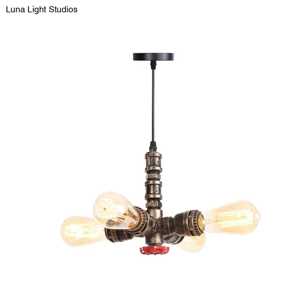 Rust Finish Water Pipe Chandelier - Industrial 4-Light Fixture With Edison Bulbs For Bar Cafe Shop