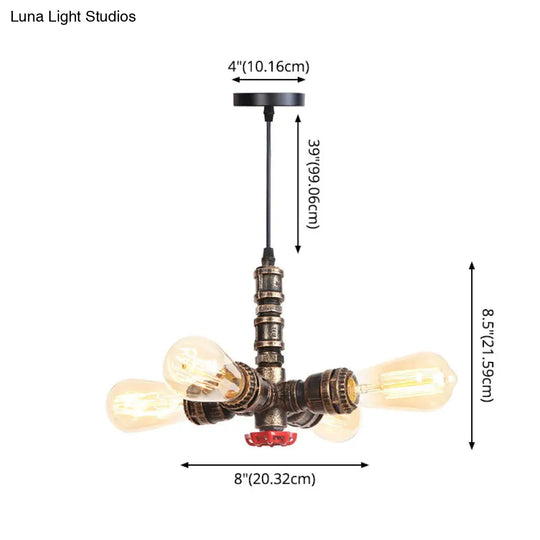 Rust Finish Water Pipe Chandelier - Industrial 4-Light Fixture With Edison Bulbs For Bar Cafe Shop