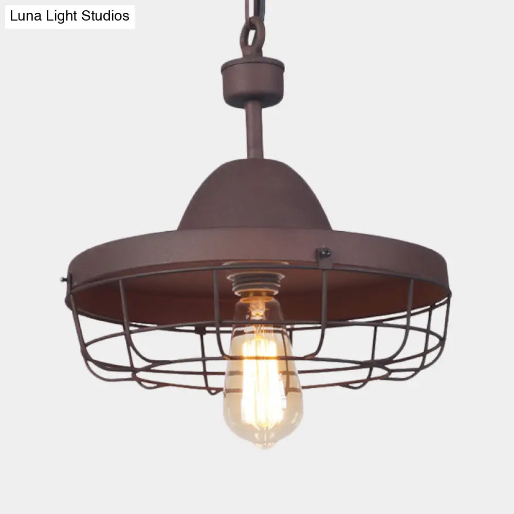 Rust Metal Cage Pendant Light With Barn Shade Suspension - Vintage 1-Light Lamp