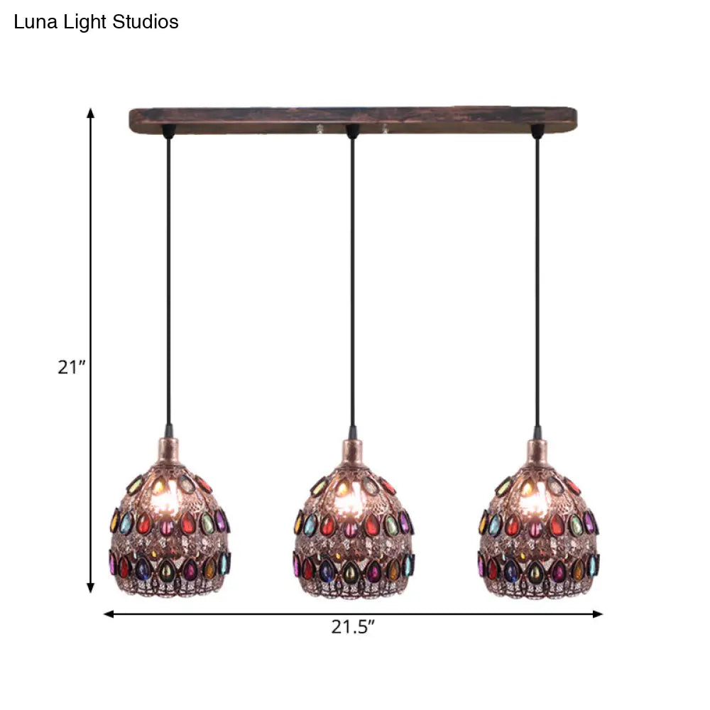 Rust Metal Dome Pendant Lamp With 3 Bulbs - Traditional Multi Light Suspension For Bedroom
