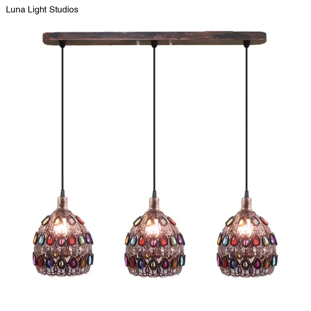 Rust Metal Dome Pendant Lamp With 3 Bulbs - Traditional Multi Light Suspension For Bedroom / Linear