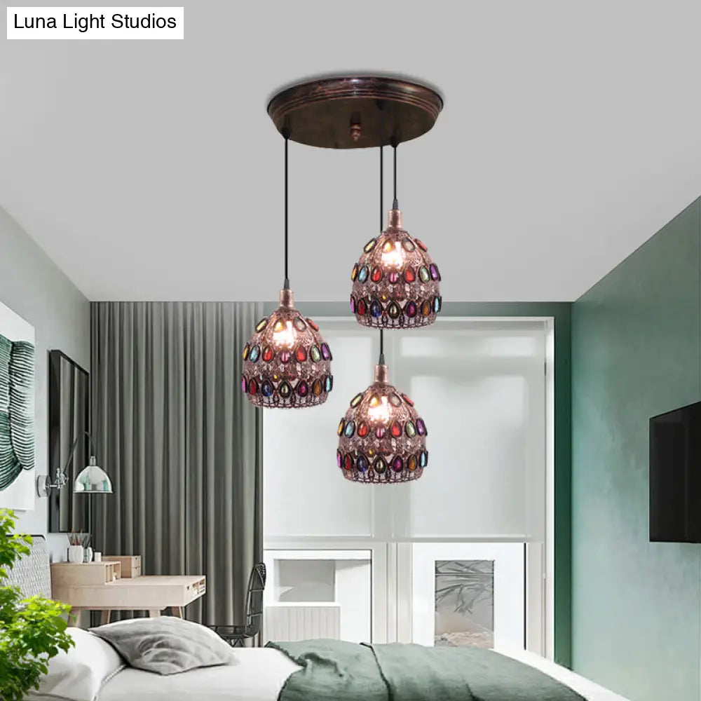 Rust Metal Dome Pendant Lamp With 3 Bulbs - Traditional Multi Light Suspension For Bedroom / Round