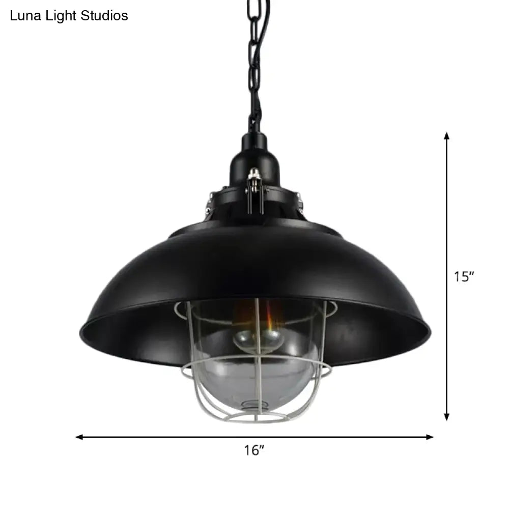 Rustic 1-Light Bistro Hanging Lamp - 12’/16’ Metal Pendant Lighting With Wire Cage And Clear