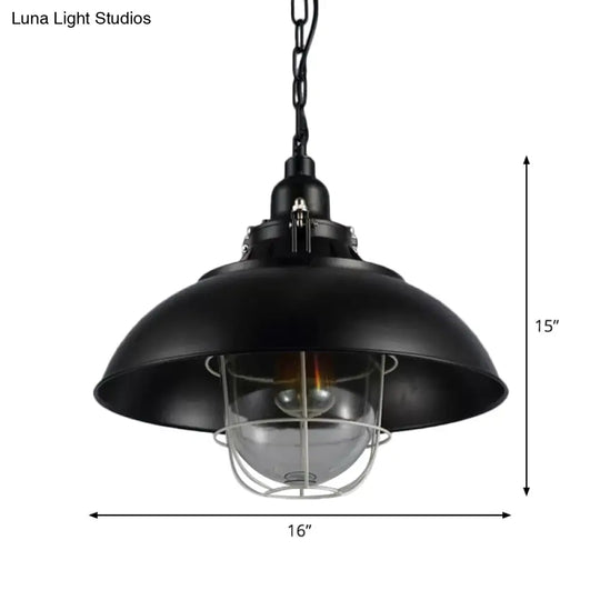 Rustic 1-Light Bistro Hanging Lamp - 12’/16’ Metal Pendant Lighting With Wire Cage And Clear