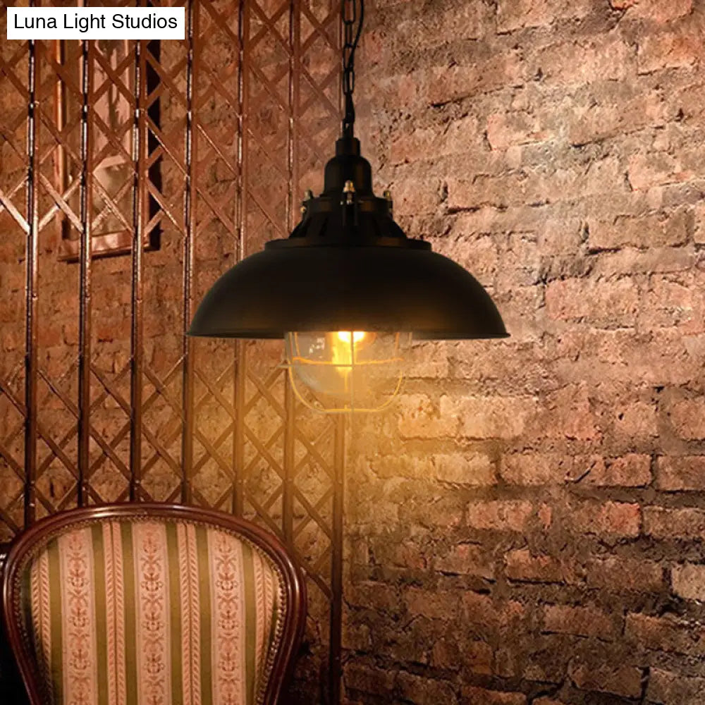 Rustic 1-Light Bistro Hanging Lamp - 12’/16’ Metal Pendant Lighting With Wire Cage And Clear