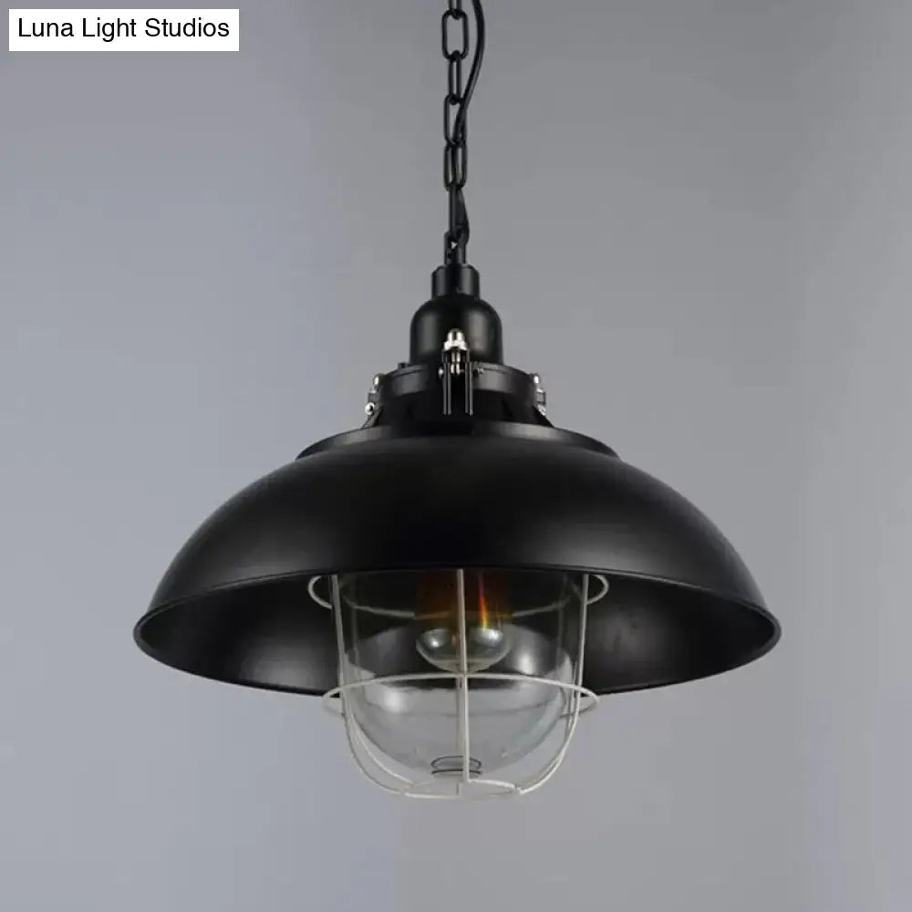 Rustic 1-Light Bistro Hanging Lamp - 12’/16’ Metal Pendant Lighting With Wire Cage And Clear