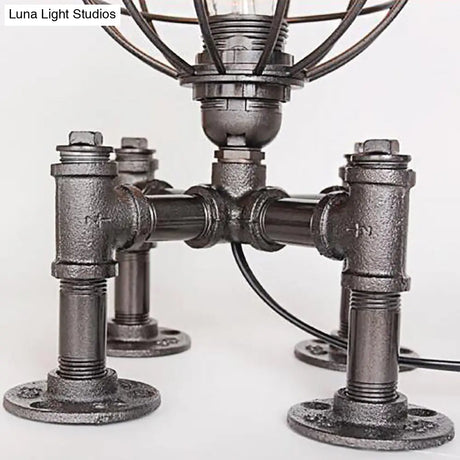 Rustic 1-Light Cage Table Lamp With Aged Silver/Bronze Finish - Farmhouse Style