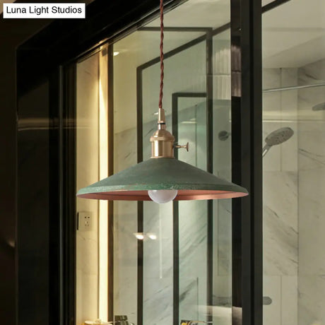 Rustic 1-Light Hanging Pendant Lamp In Blue/Red/Silver For Dining Room - Saucer Shade Iron Design