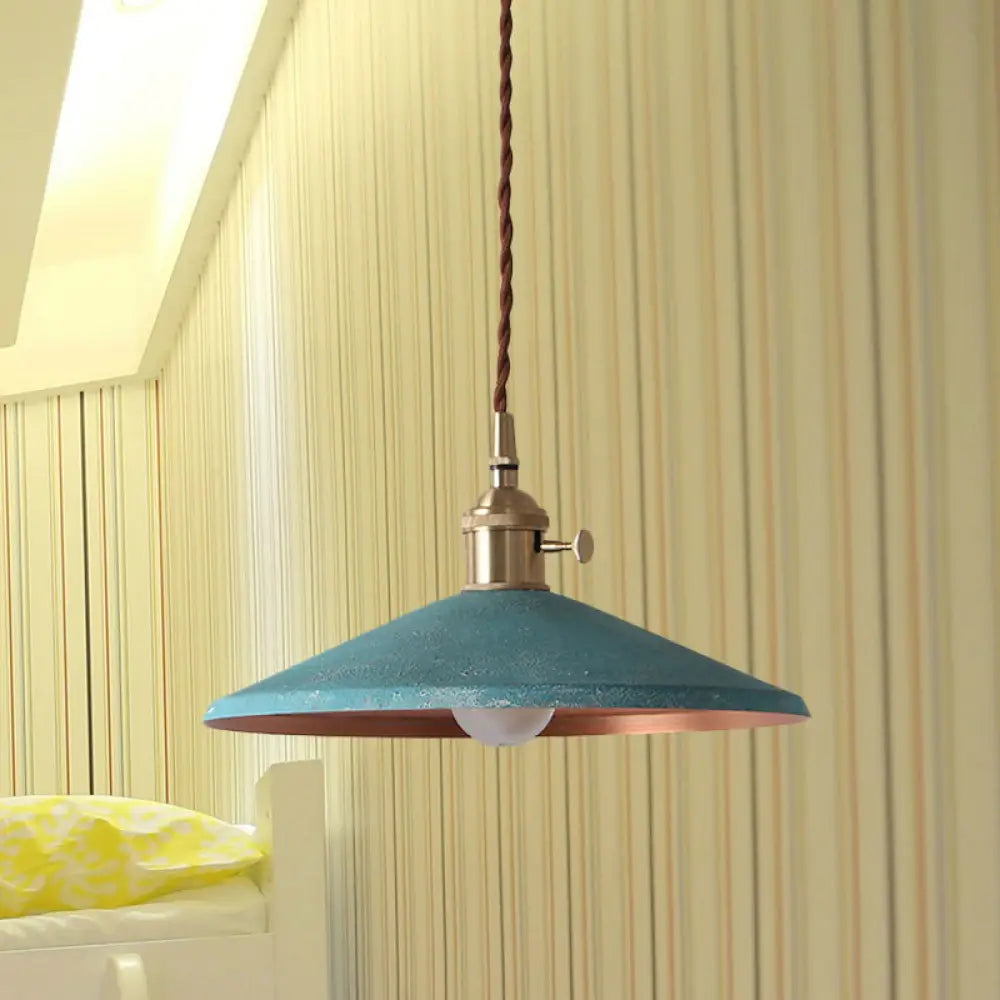 Rustic 1-Light Hanging Pendant Lamp In Blue/Red/Silver For Dining Room - Saucer Shade Iron Design