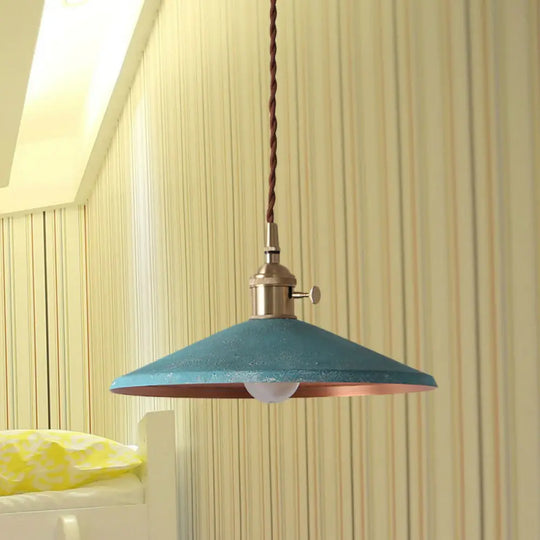 Rustic 1-Light Hanging Pendant Lamp In Blue/Red/Silver For Dining Room - Saucer Shade Iron Design