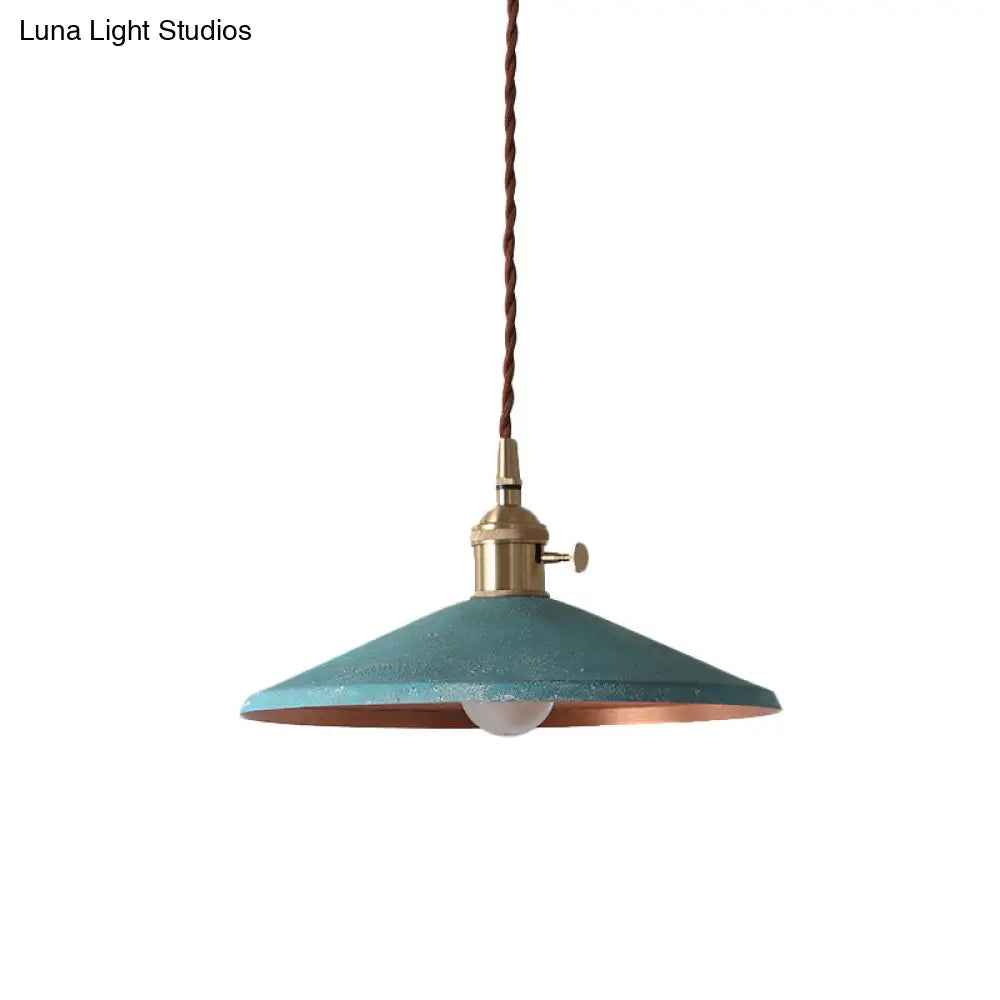 Rustic 1-Light Hanging Pendant Lamp In Blue/Red/Silver For Dining Room - Saucer Shade Iron Design