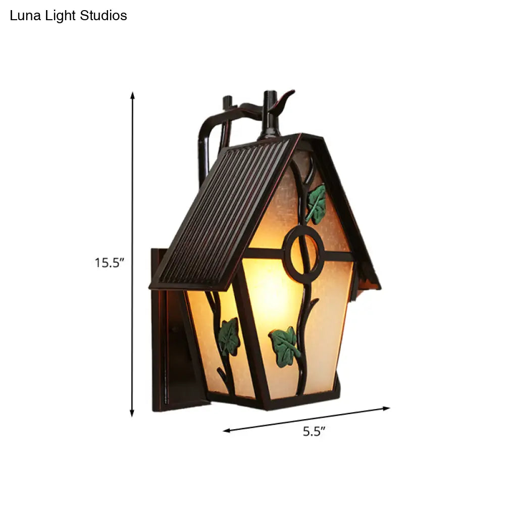 Rustic 1-Light Outdoor Wall Sconce In Coffee With Leaf Design - White Glass